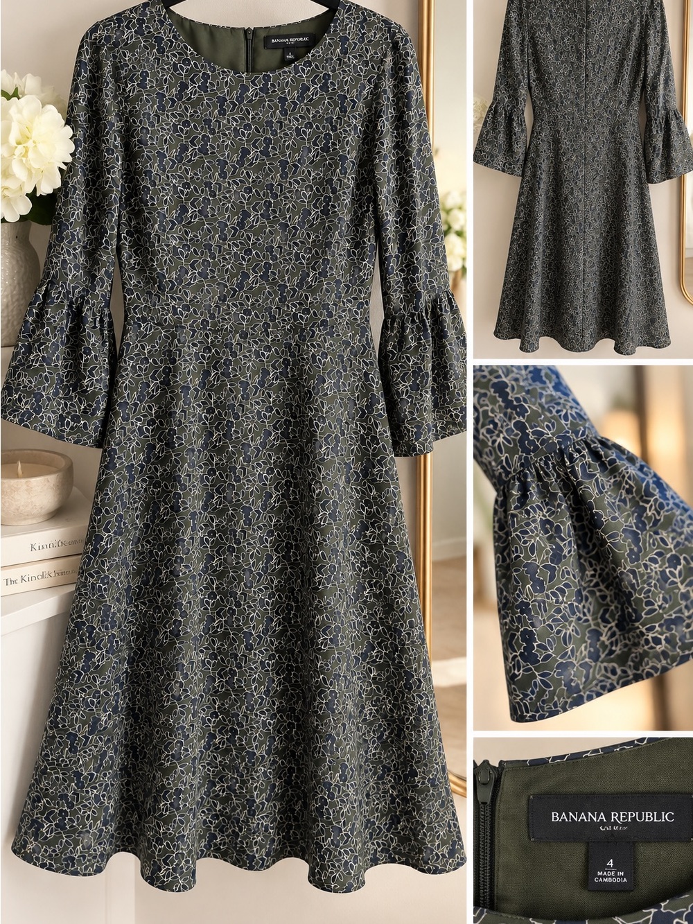 Banana Republic Olive and Navy Floral Bell-Sleeve Dress - Picture 3 of 4